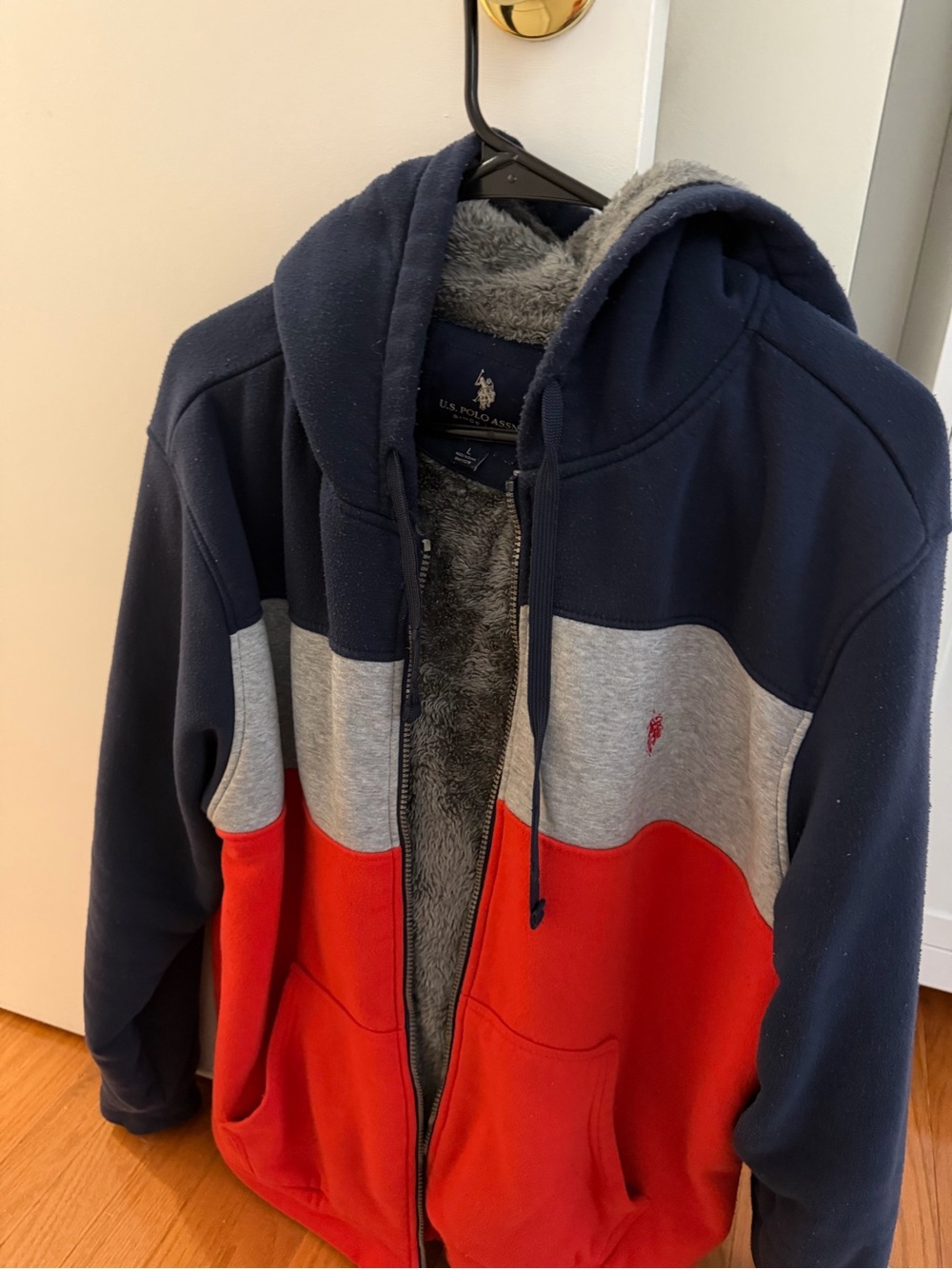 U.S. Polo Assn. Men’s Hooded Colorblock Zip Jacket - Navy/Gray/Red